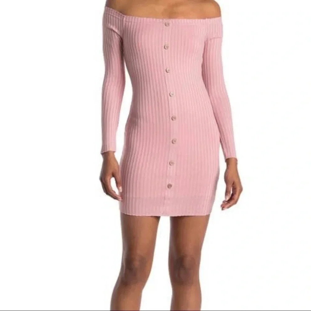 Material Girl Pink Ribbed Off Shoulder Bodycon Dress M